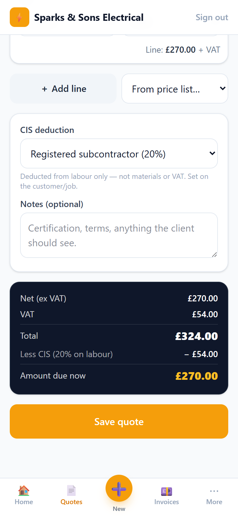 Quote with VAT + CIS worked out live